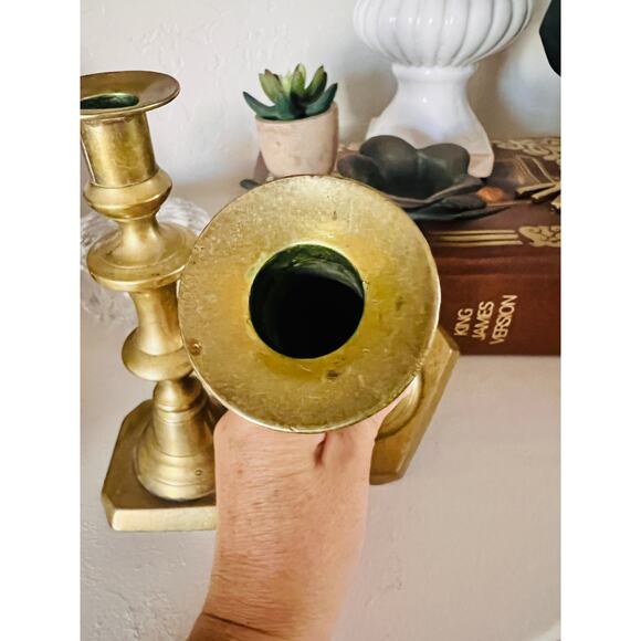 Vintage Brass Candlestick Holders Pair, Hexagon Base, 8” Colonial Revival - Picture 8 of 13